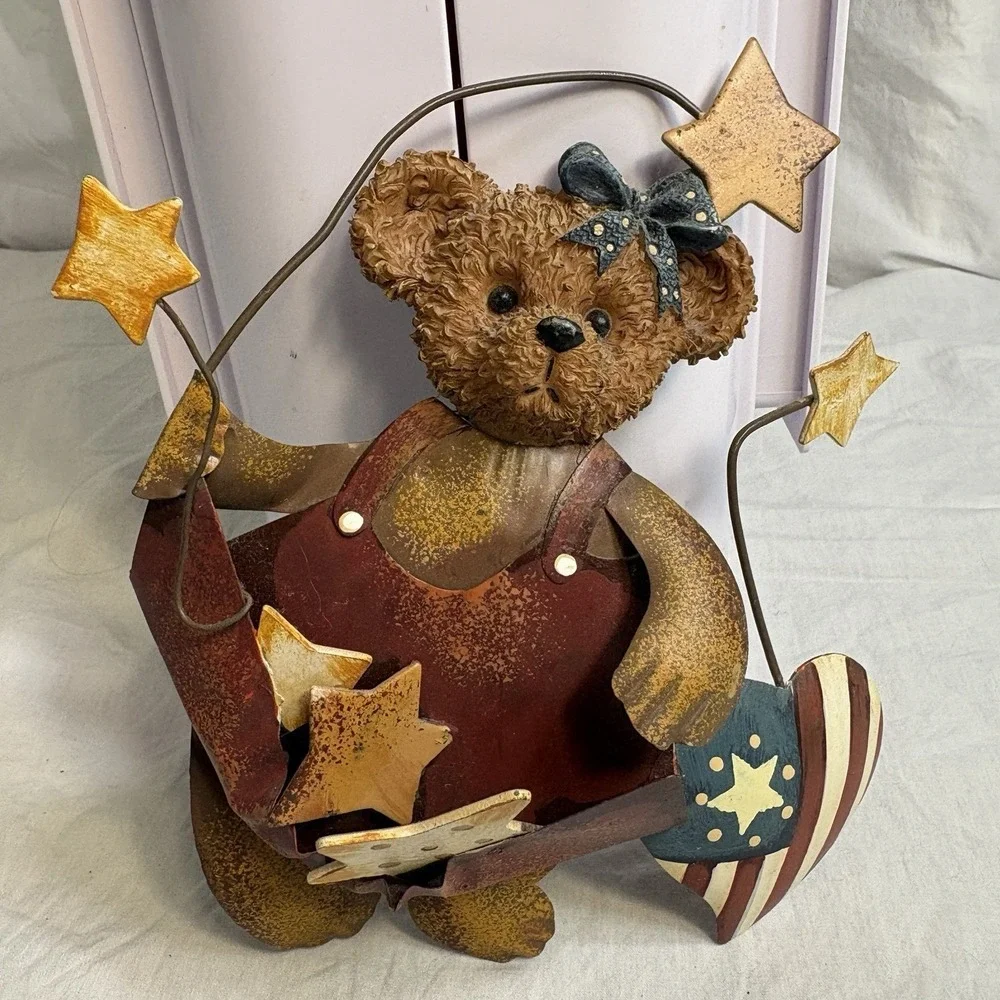 Patriotic Teddy Bear Wall Decor Set of 3 Americana Folk Art Stars Home Interiors
